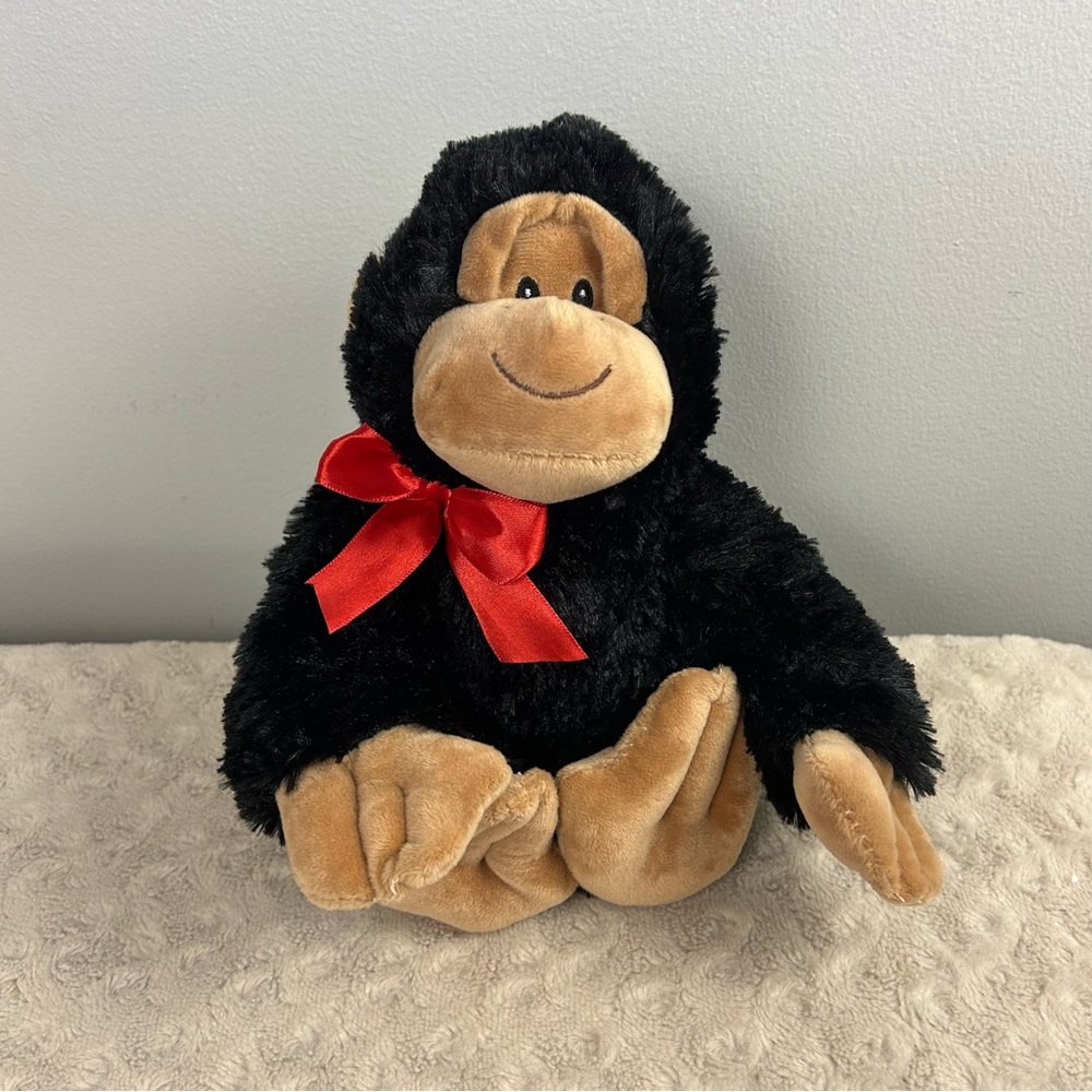 American Greetings Gorilla Plush Stuffed Animal Toy Black Tan Red Bow monkey